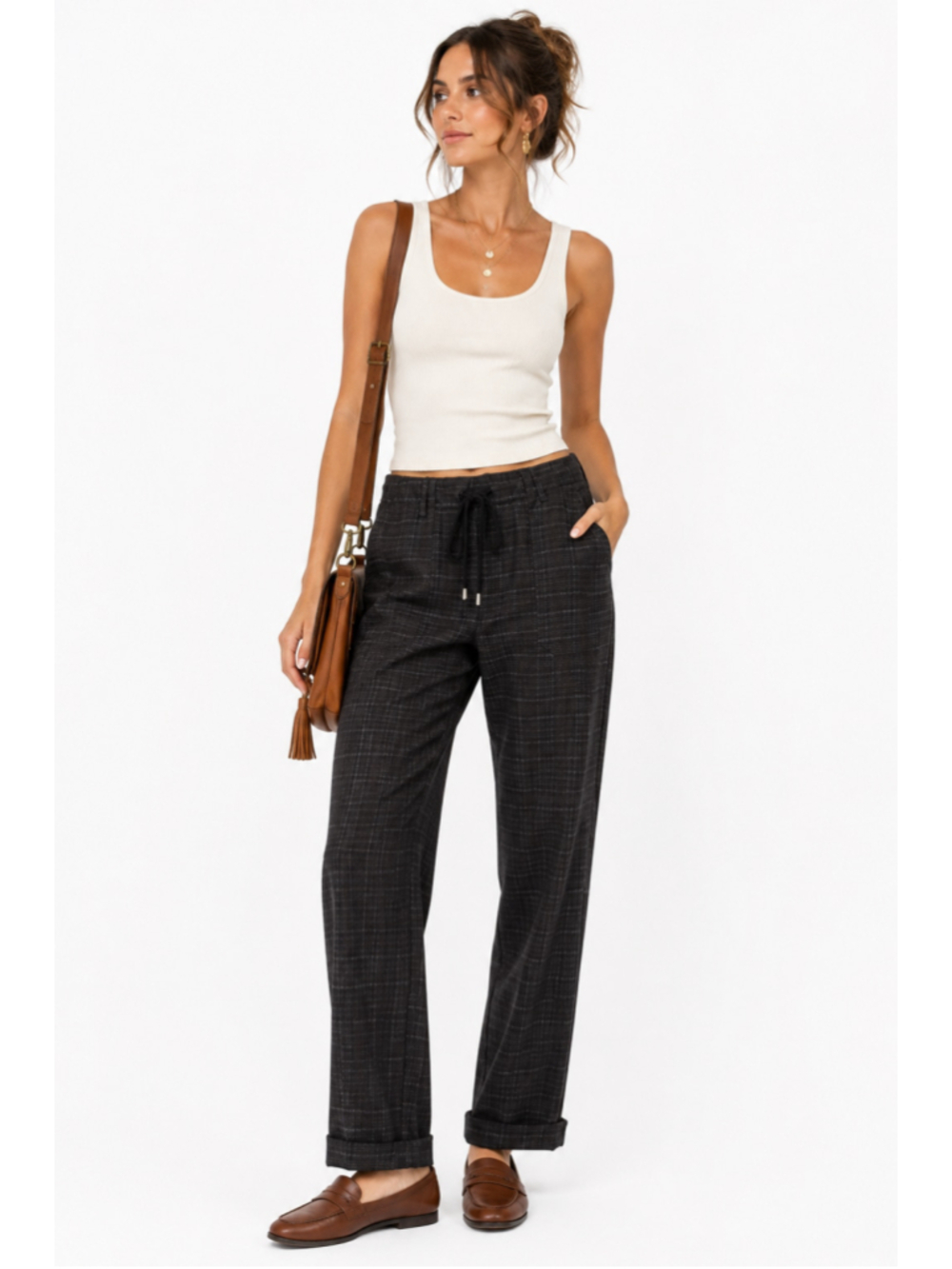 Democracy Plaid High Rise Drawstring Trousers Black Grey Size XL